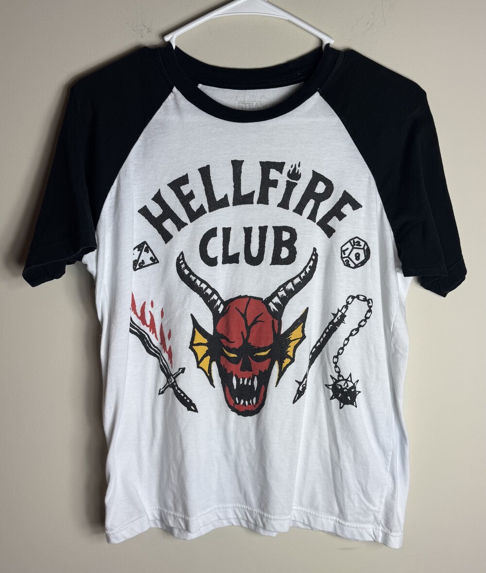 Hellfire Club Raglan Sleeve T-Shirt Black White Polyester Cotton Rayon Blend